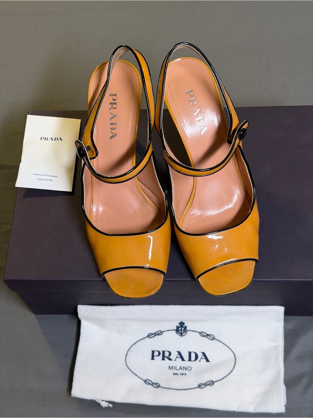 Prada Yellow Patent Leather Peep-Toe Slingback Heels